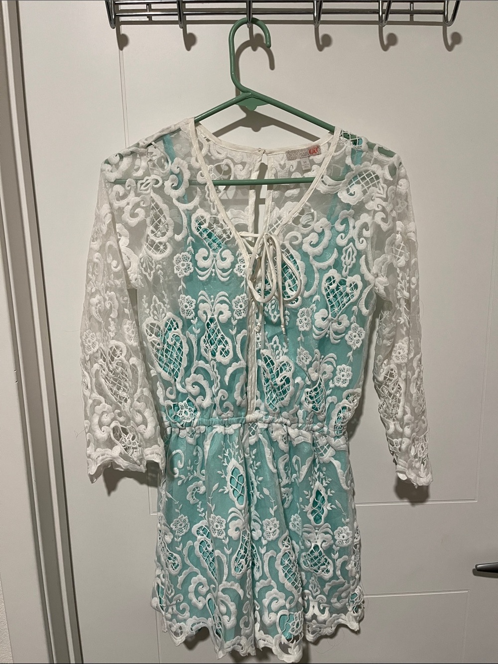 Gianni Bini White Lace Overlay Aqua Lining Romper Cottagecore